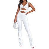 Solid Color Slimming Hollow Out Cutout Twist One Piece Bell Bottom Pants Jumpsuits